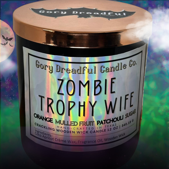 Zombie Trophy Wife Crackling Wood Wick Candle: Orange Patchouli Sugar Scent - Picture 7 of 10